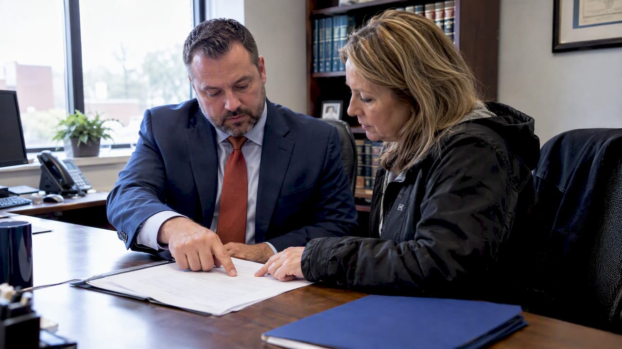 Client and lawyer reviewing a fee agreement