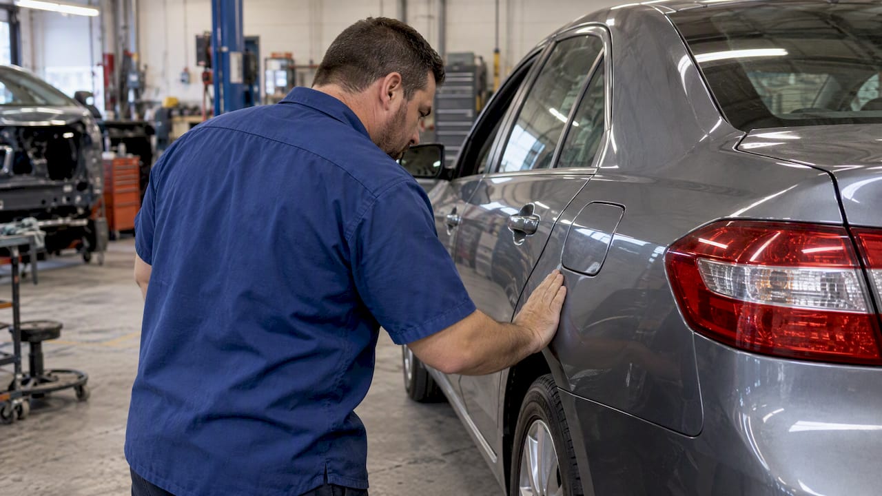 Technician inspecting a repaired car panel