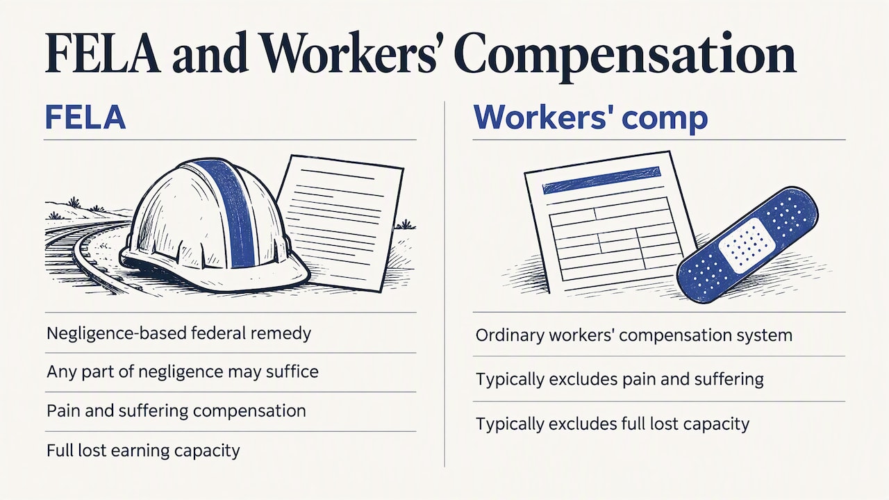 Railroad employees: FELA is not workers' compensation — overview diagram