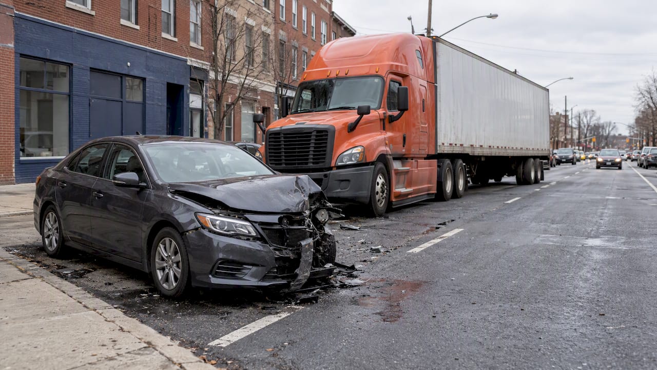 Damaged car beside a commercial truck